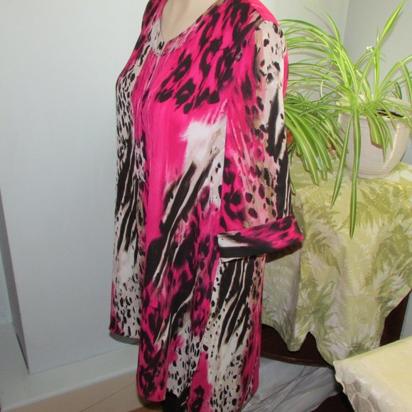 Zac & Rachel Long Loose Tunic Top Flowy Blouse Shirt Pink Black Top LG - Picture 5 of 13
